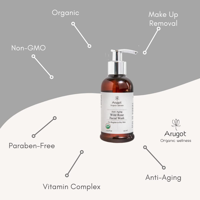 Arugot Organic (USDA Certified) Wild Rose Face Wash, Made in Israel | Anti-Aging Intense Hydration & Moisture - Facial Cleanser for Age Spots, Dark Circles & Fine Lines - Makeup Remover, Made in Israel - 5.1 FL Oz / 150 Ml - BeesActive Australia