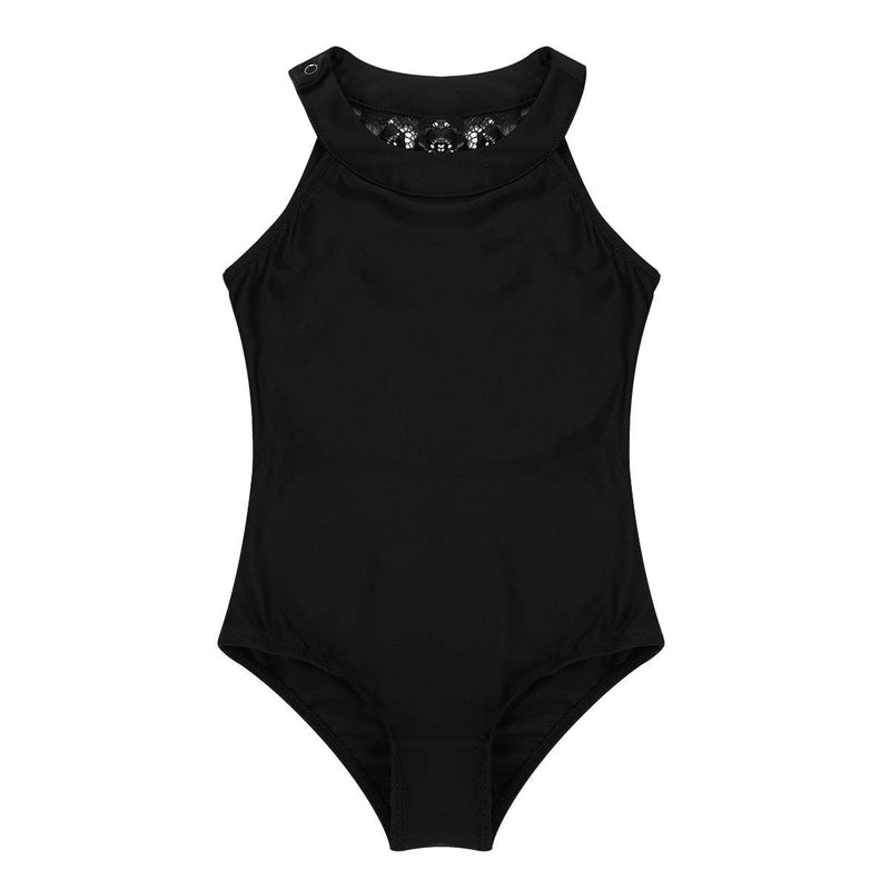 [AUSTRALIA] - zdhoor Kids Girls Halter Ballet Dance Leotard Lace Back Sleeveless Gymnastics Outfits Jumpsuit Dancewear Black 12-14 