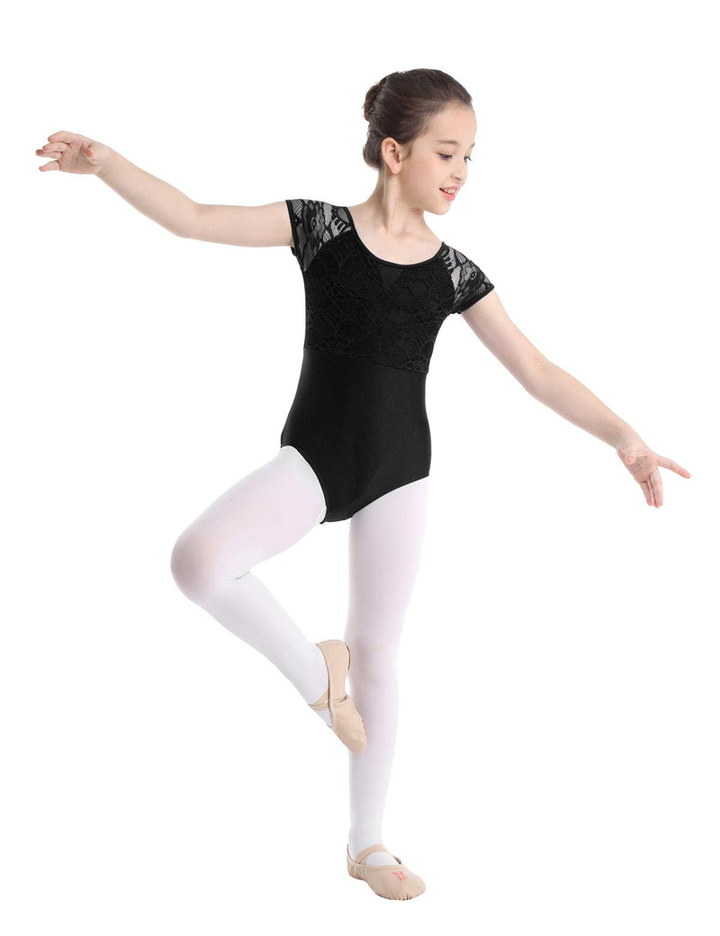 [AUSTRALIA] - JEATHA Kids Girls One Piece Lace Splice Ballet Dance Costumes Gymnastics Leotard Bowtie Shaped Cutout Back Dancewear Black 10-12 