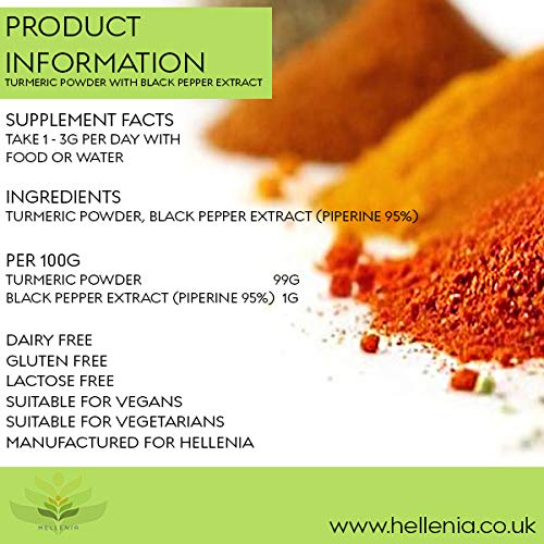 Hellenia Turmeric Powder with Black Pepper Extract (Organic) - 250g - Natural Source of Curcumin - BeesActive Australia