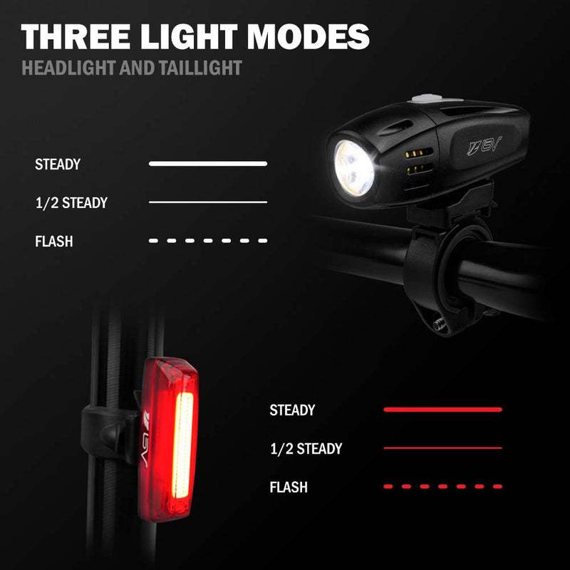 BV Super Bright USB Rechargeable Bike Light Set, Headlight with Free Taillight, Three Light Modes, Water Resistant IP44 - Fits All Bicycles with Two Mounting Options - BeesActive Australia