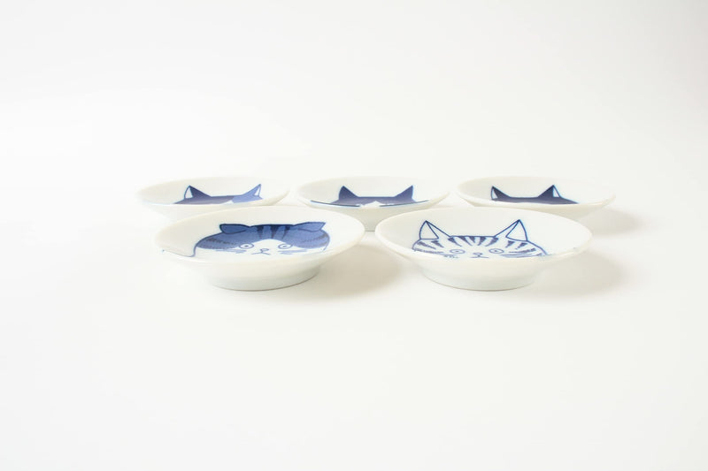 Mino ware Japanese Ceramics Mini Plate/Dish Set of 5 Five Cat Faces White & Blue made in Japan (Japan Import) GBS001 - BeesActive Australia