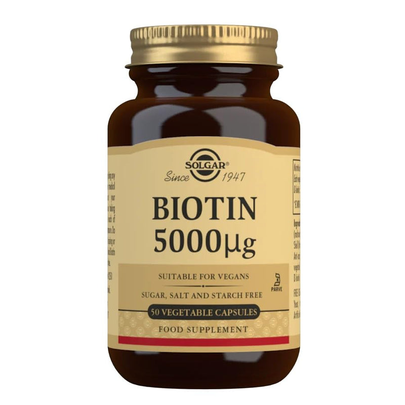 Solgar Biotin 5000 mcg Vegetable Capsules - High Strength Formula - Supports Hair Growth, Glowing Skin, Energy & Vitality - Health Supplement - Sugar Free - Suitable for Vegans - Pack of 50 - BeesActive Australia