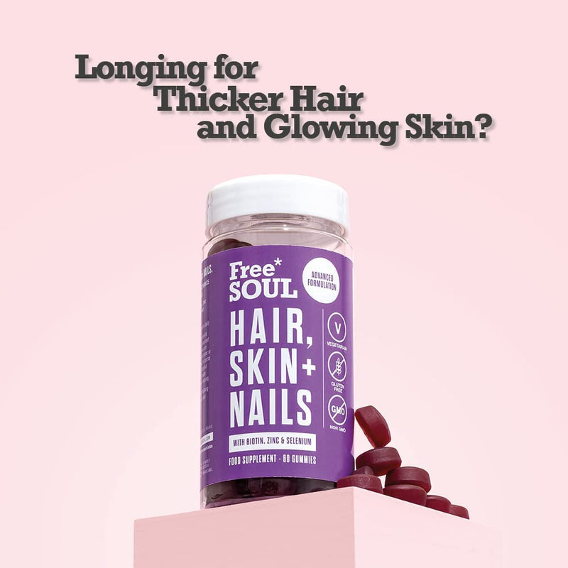 Hair, Skin, & Nails Gummies | Hair Growth & Skin Health Supplement | Biotin Enhanced with Vitamins B6, B12, Zinc, Selenium, E, A, C & D | Skin & Hair Support | 60 Advanced Gummies | Free Soul - BeesActive Australia