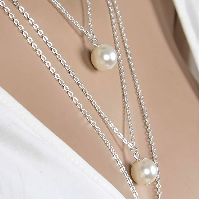 Obmyec Pearl Layered Necklace Wedding Pendant Chain Dainty Long Necklaces Jewelry for Women and Girls (Silver) Silver - BeesActive Australia