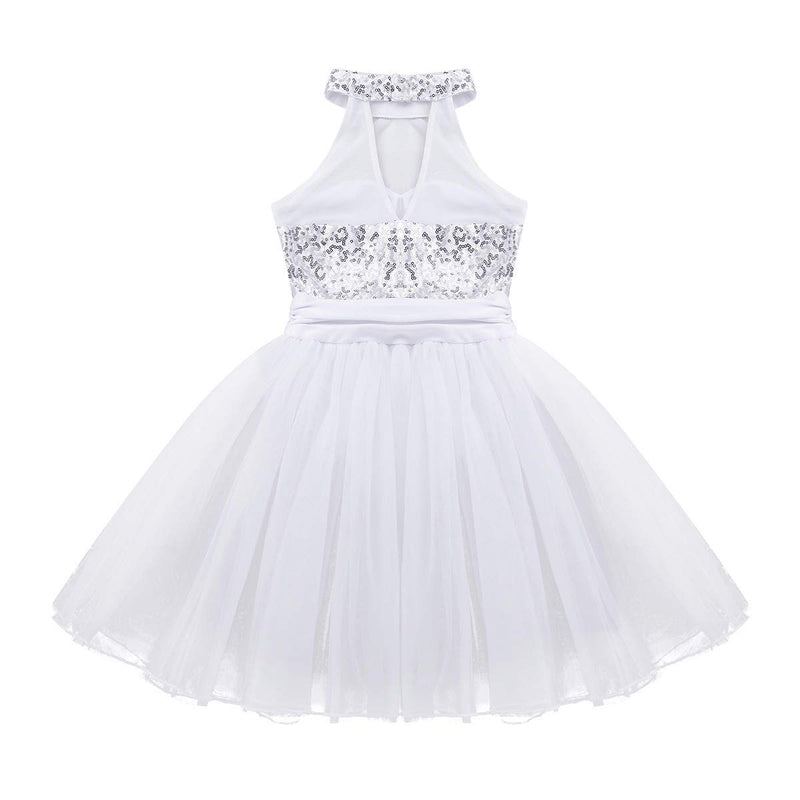 [AUSTRALIA] - TiaoBug Kid Girls Sleeveless Dance Dress Sequined Mock Neck Ballet Leotard Tutu Princess Contemporary Modern Dance Costume White 7 / 8 