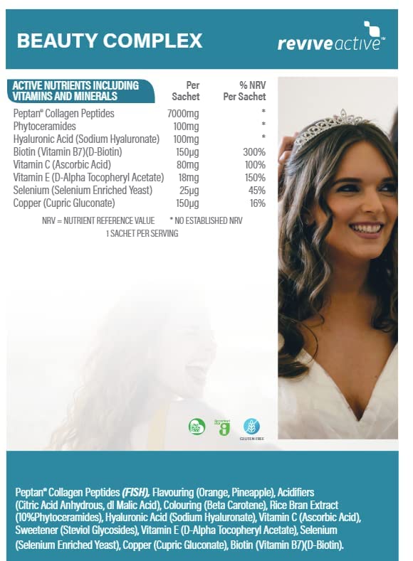Beauty Complex Super Supplement by Revive Active | 8 Active Ingredients to Support Skin, Hair & Nails | 30 Day Multivitamin Supply | Collagen, Hyaluronic Acid, Phytoceramides & Biotin - BeesActive Australia