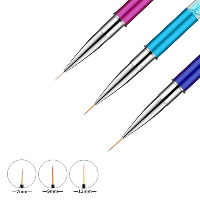 Ycyan 3Pcs Nail Art Liner Brush Pen Set (Size 7 mm,9 mm,11 mm) Rhinestone Handle Salon Using Nylon Hair Brushes - BeesActive Australia