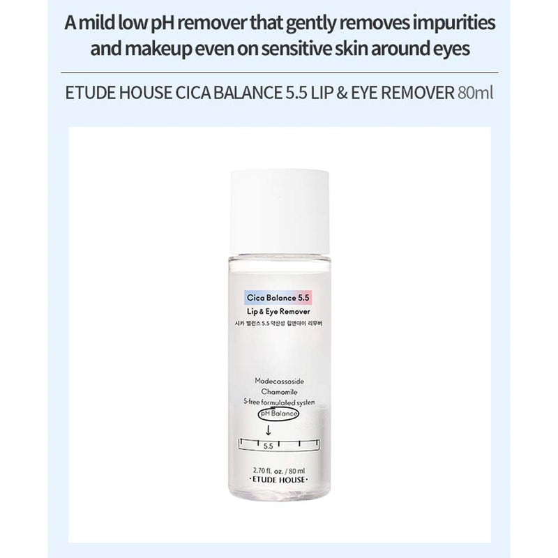 ETUDE HOUSE Cica Balance 5.5 Lip & Eye Remover 80ml | Low pH-mild Makeup Remover that Gently Removes Impurities even on Sensitive Skin Around Eyes | Key ingredients: Madecassoside & Chamomile - BeesActive Australia