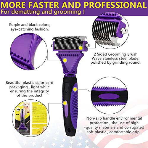 Dog Dematting Tool - Dematting Comb with 2 Sided Undercoat Rake for Cats & Dogs Safe Grooming Rake Tool for Easy Mats & Tangles Removing No More Nasty Shedding and Flying Hair (Purple) PURPLE - BeesActive Australia