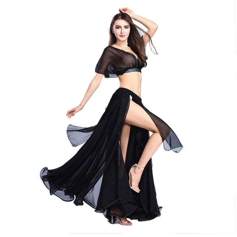 [AUSTRALIA] - ROYAL SMEELA Belly Dance Costume Set for Women Chiffon Dancing Skirt and Tops Sexy Large Swing Dancing Skirts Dress One Size Black 