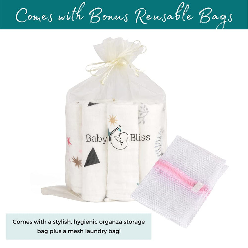 BabyBliss Premium 6-Layers Muslin Baby Washcloths (10-Pack) - Large Size Washable Newborn Towels - Reusable Infant Wipes Plus Storage and Wash Bags - BeesActive Australia