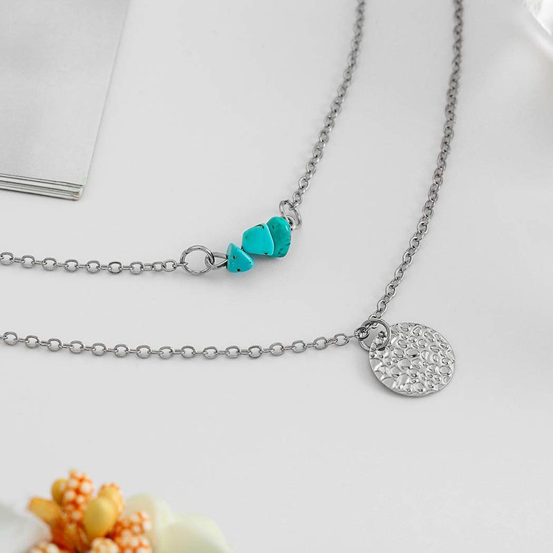 Edary Boho Turquoises Pendant Necklace Sequin Necklaces for Women and Girls. (Silver) Silver - BeesActive Australia