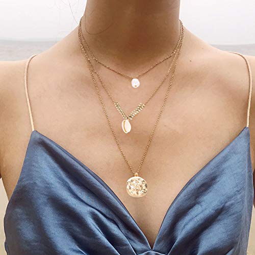 Hannah Boho Layered Coin Necklaces Gold Pearl Shell Pendant Necklace Beaded Necklaces Chain Jewelry for Women and Girls - BeesActive Australia