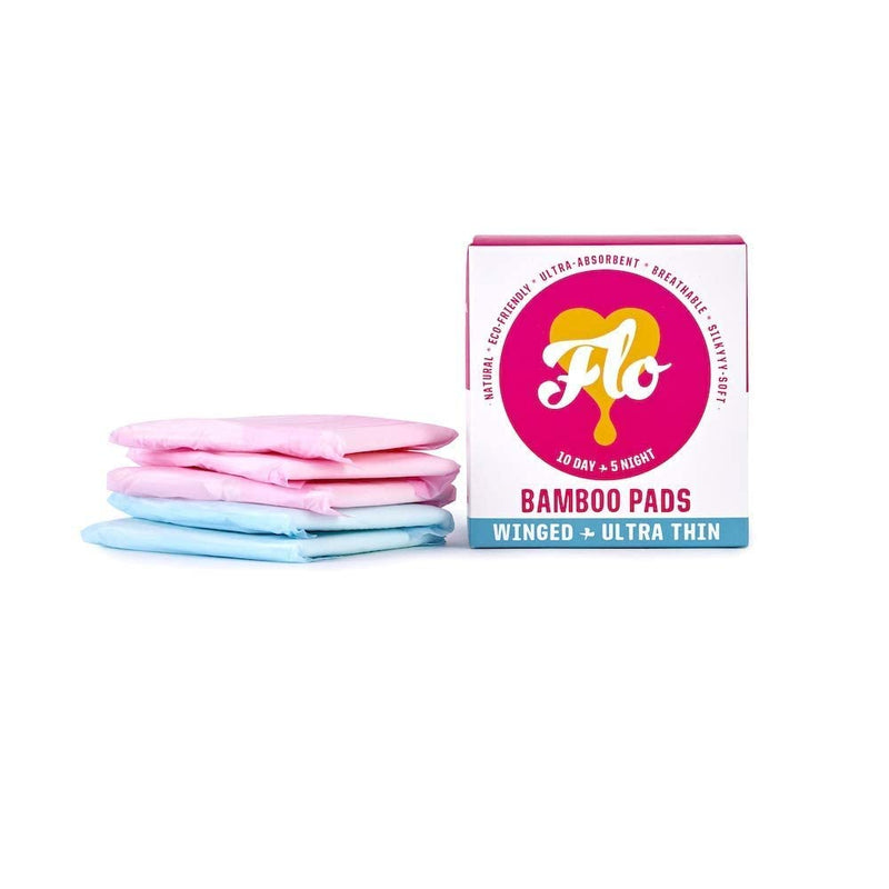 FLO Organic Bamboo Sanitary Period Pads with Wings - 100 percent Organic, Soft, Silky, Ultra-Absorbent & Biodegradable Period Pads - Ultra-Thin - Combo Pack 10 Day & 5 Night Pads 15 count (Pack of 1) Night & Day - BeesActive Australia