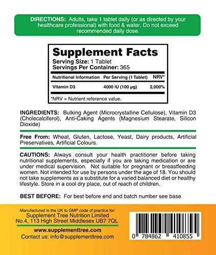 Vitamin D 4000IU 365 Vegetarian Tablets | High Strength Cholecalciferol Vitamin D3 Supplement | UK Manufactured - BeesActive Australia
