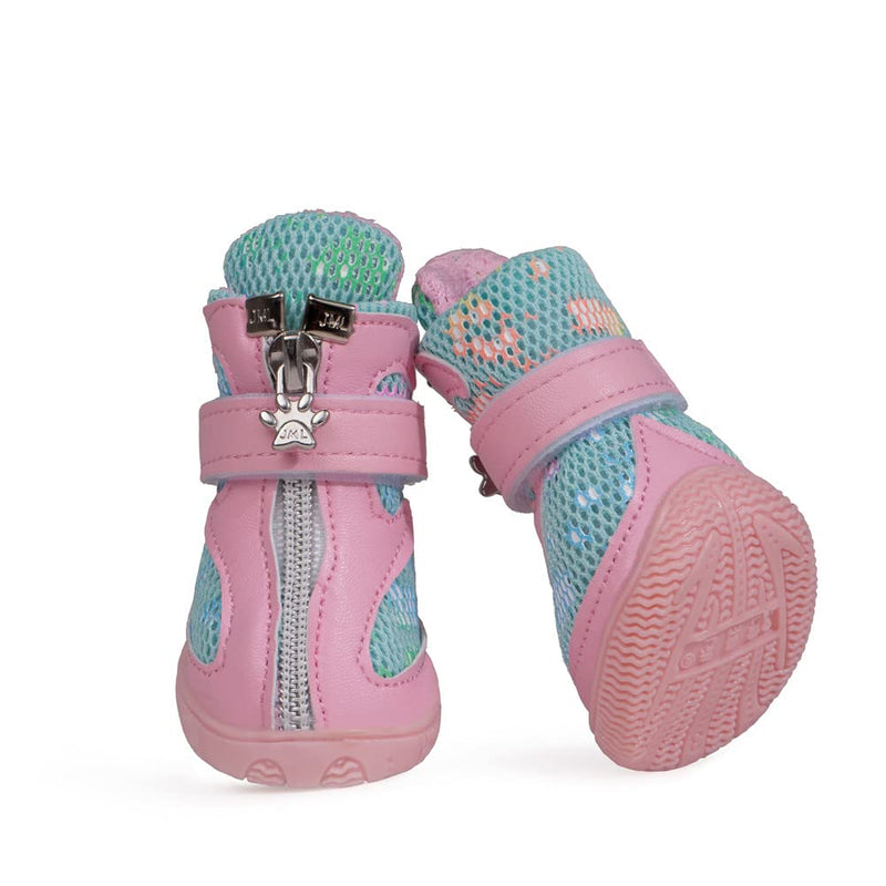 Hdwk&Hped Small Dog Boots, Breathable Mesh Summer Dog Shoes Pink Stylish PU Dog Girl Booties with Durable Non-Slip Rubber Sole Fluorescent Style - Pink #4 (10~15lb) - BeesActive Australia