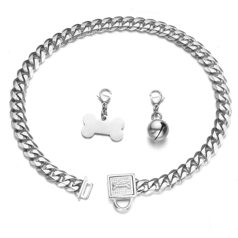 Aiyidi Dog Chain Collar Silver Stainless Steel Cuban Link Collar Width 11/15/19mm with Rhinestone Safety Buckle Dog tag Dog Bell Chew-Proof Water-Proof for Large Medium Small Dogs Chain width: 11mm 12inch (for dog's neck 9.6''~11.5'' ) - BeesActive Australia