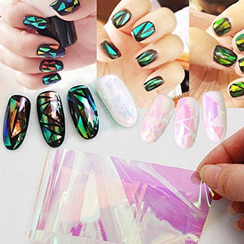 AKOAK 6 Colors Fashion Punk Transfer Foil Sticker Reflective Mirror Design Broken Glass sticker colorful Laser Aurora Cellophane DIY Nail Art Stencil Decal Stickers - BeesActive Australia