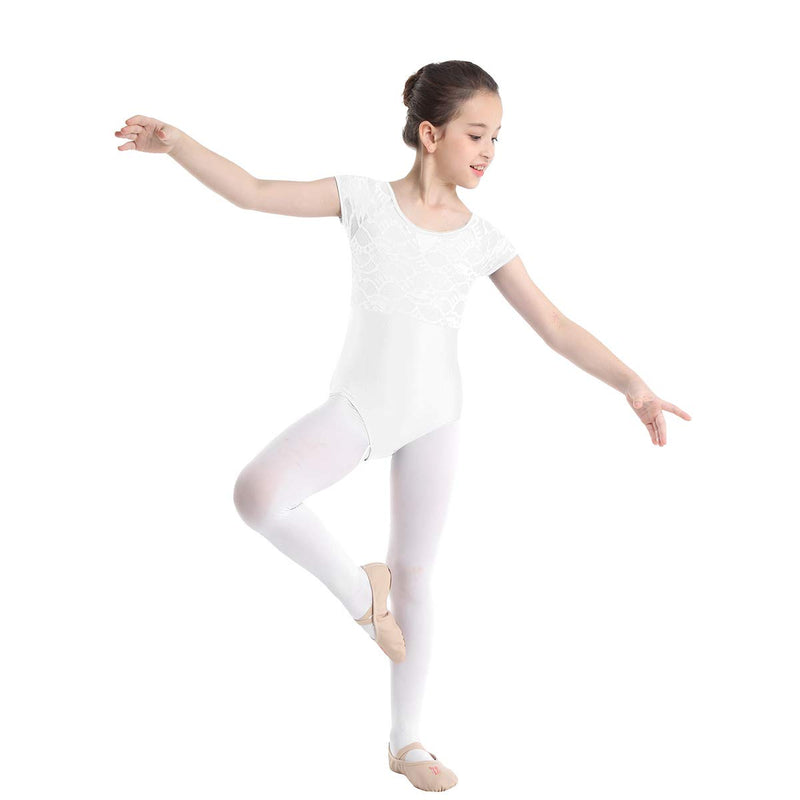 [AUSTRALIA] - renvena Kids Girls One Piece Ballet Dance Gymnastic Leotard Short Sleeves Floral Lace Cutout Back Bodysuit White 7-8 