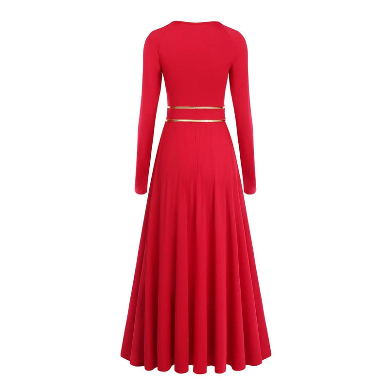 [AUSTRALIA] - Praise Dance Dresses for Women Gold Metallic Color Block Lyrical Worship Dancewear Loose Fit Full Length Long Sleeve Dance Dress Robe Church Praisewear with Belt Red XL 
