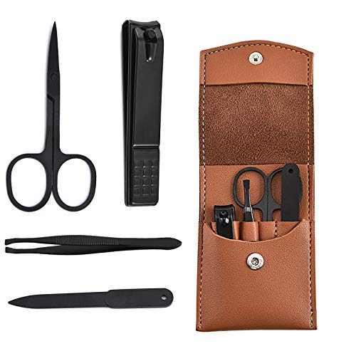 lYonge Nail Clipper Set – Black Stainless Steel Nail Cutter & Nail File Sharp & Nail Scissors & Eyebrow clip - Manicure Fingernails Nail Cutter with Leather Travel Case Pedicure Kit 4 Piece - BeesActive Australia