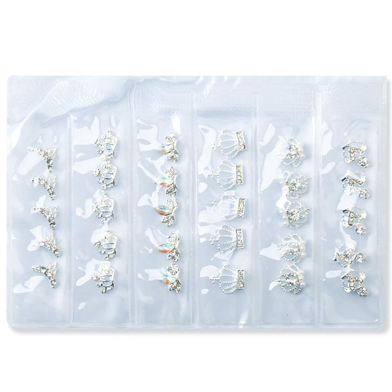 WOKOTO 30 Pcs 3D Alloy Nail Art Decoration Set Silver Crown Nail Studs Rhinestones Clear Crystals Manicure Jewelry With 1Pc Tweezers KIT1 - BeesActive Australia