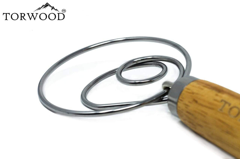Torwood Danish Dough Whisk Bread Mixer Large 13.5 inches Stainless Steel Wooden Dutch Hook for Baking, Loaves, Pastries and Pizza, comes with a Dough Scraper 1 - BeesActive Australia
