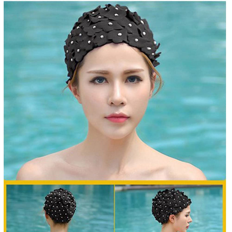 Swim Cap Floral Petal Swimming Caps for Women Girls Swim Bath Hats Bathing Cap Spa Cap Washing Face Cap Black - BeesActive Australia
