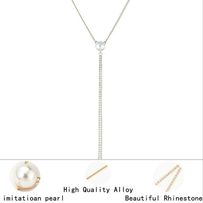 Kercisbeauty Pearl Y Necklce for Women Wedding or Evening Party Gift Her Jewelry Silver Necklace with Rhinestones Tassels - BeesActive Australia