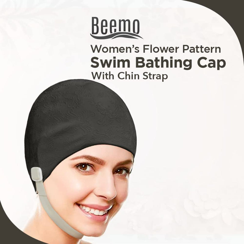 BEEMO Women Swim Bathing Caps Ladies Retro Style Latex Embossed Flower Design with Adjustable Chin Strap Green - BeesActive Australia