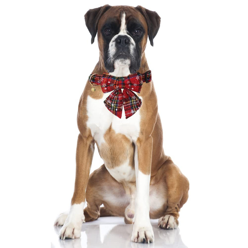 Christmas Dog Collar Snowflake Classic Plaid Adjustable with Cute Bow Tie Flower and Bells Medium Bow-red-2 - BeesActive Australia