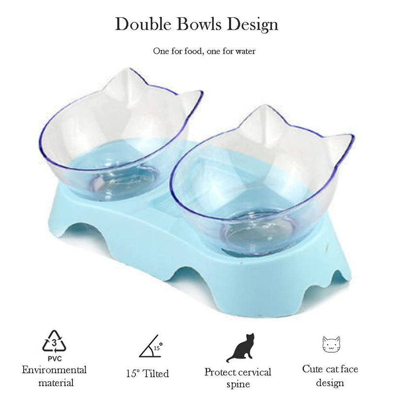 Double Dog Cat Bowls Anti Vomiting, Elevated Cat Food Water Bowls with 15° Tilted Raised Stand Pet Feeder Bowl for Cats and Small Dogs One Size Double Blue - BeesActive Australia