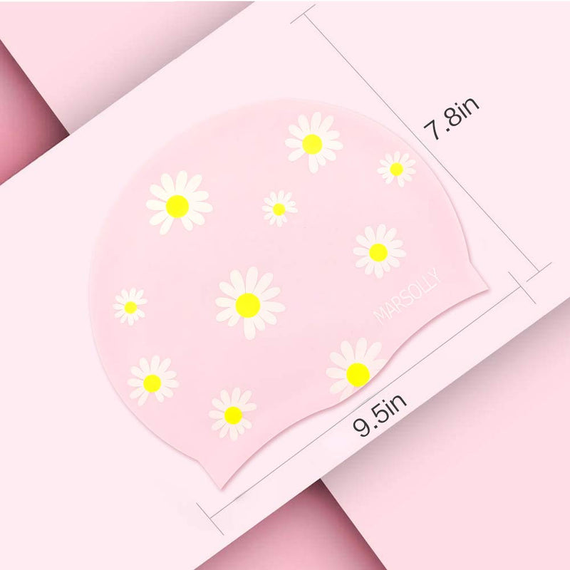 Marsolly Silicone Swim Cap for Women, Waterproof Long Hair Swimming Caps with Flower Printed Pink - BeesActive Australia