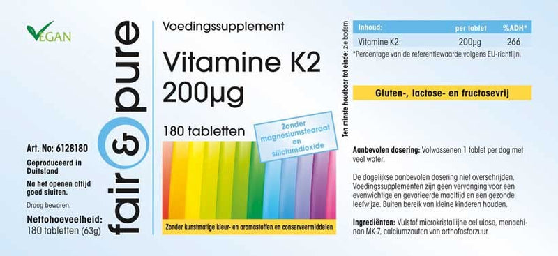Fair & Pure� - Vitamin K2 200mcg, Vegan, high dose Natural menaquinone MK-7, MK7, Without Magnesium Stearate, 180 Vitamin K2 Tablets - BeesActive Australia