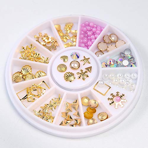 Minejin Nail Art 3D Rivet Metal Studs Mixed Charms Rhinestones Set with Acrylic Shiny Gems Decoration 9 Boxes Kit - BeesActive Australia