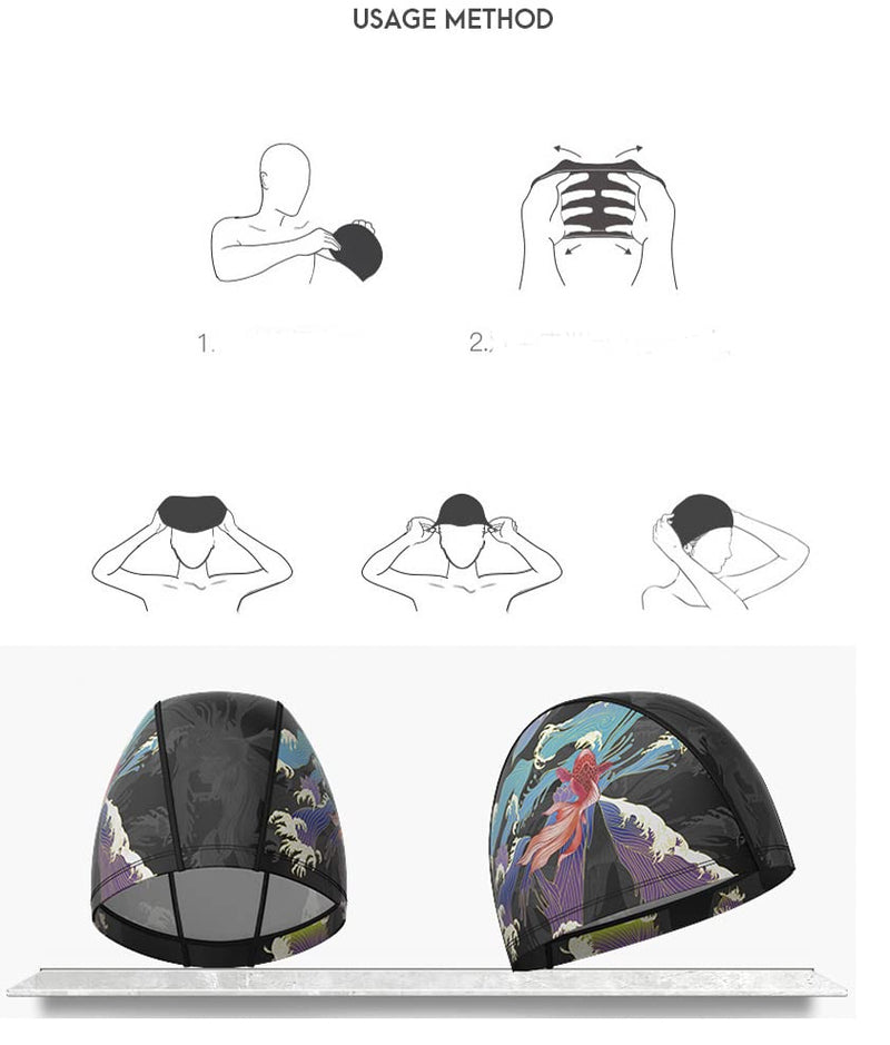 Men Swimming Cap Elastic Fabric Adult Swimming Cap with Myth Images Large Size Waterproof Bath Cap Cover Ear Youth Teens Boy Ladies Beach Water Sports Cap Breathable Hair Dry Hat for Long Short Hair black goldfish - BeesActive Australia