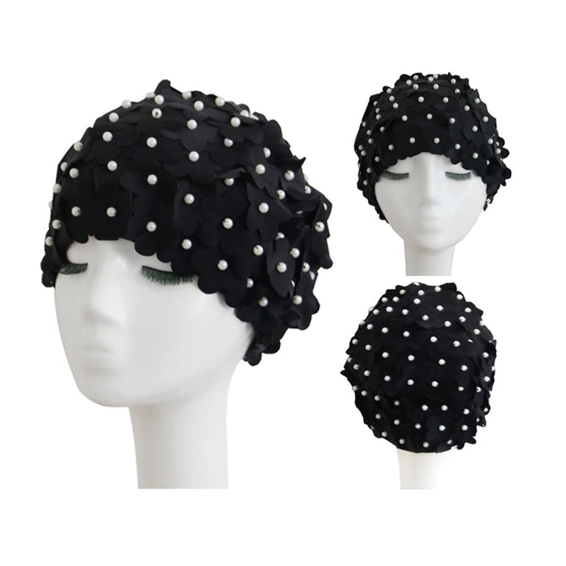 Swim Cap Floral Petal Swimming Caps for Women Girls Swim Bath Hats Bathing Cap Spa Cap Washing Face Cap Black - BeesActive Australia