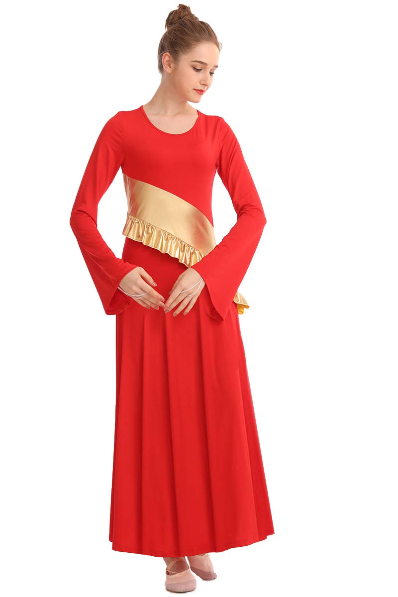 [AUSTRALIA] - MYRISAM Women Metallic Gold Liturgical Praise Worship Long Sleeve Dress Full Length Loose Fit Ruffle Pleated Dancewear Red Medium 