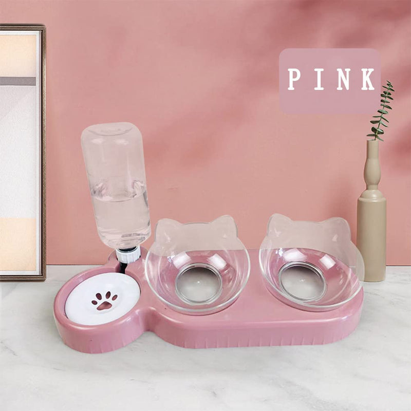 Triple Dog Cat Bowls,15°Tilt 3- in- 1 Water Feeder Bowls Cat Double Food Bowls with Automatic Water Bottle Bowl,Removable Cat Wet and Dry Food Bowl Set for Small Cat and Puppy Pink - BeesActive Australia