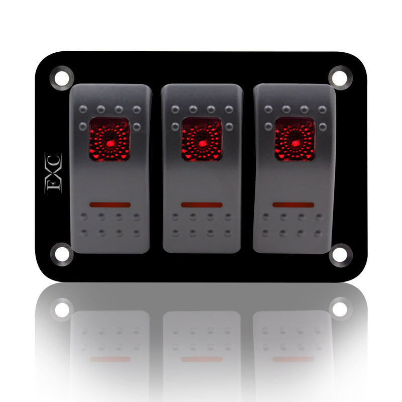 [AUSTRALIA] - FXC Rocker Switch Aluminum Panel 3 Gang Toggle Switches Dash 5 Pin ON/Off 2 LED Backlit for Boat Car Marine Red 