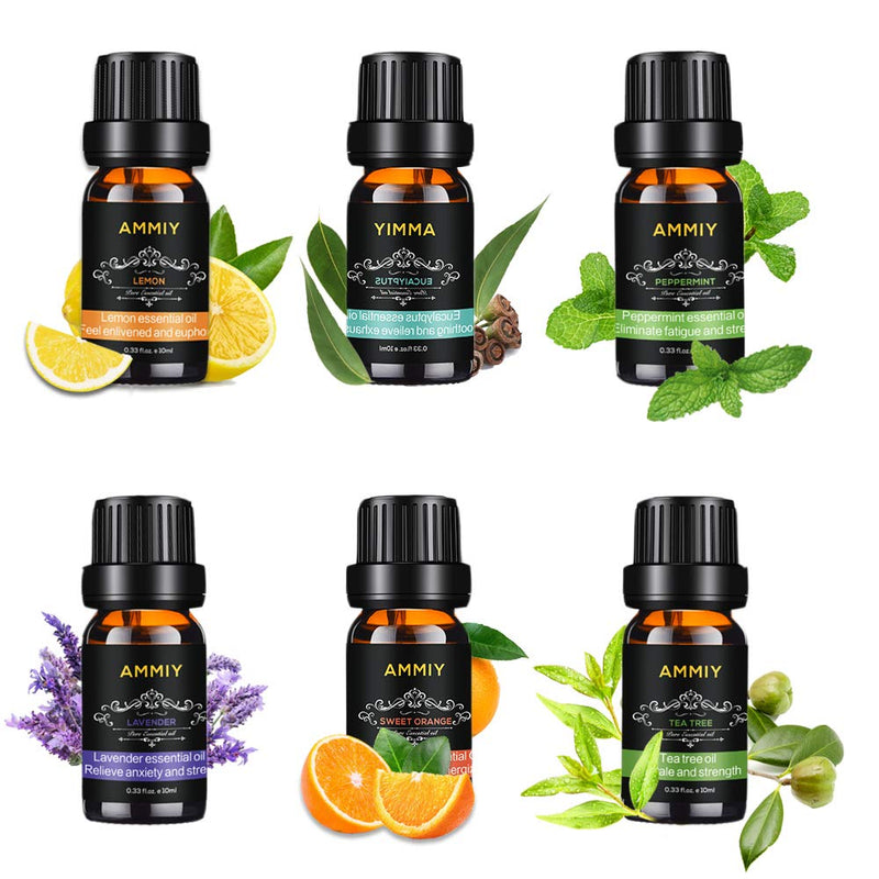 AMMIY Essential Oils Set of 6 x 10ml for Aromatherapy Bath Spa Diffuser Fragrance Relaxing Scent, Pure, Natural, Vegan Oils Including Eucalyptus, Lemon, Peppermint, Lavender, Sweet Orange, Tea Tree Black - BeesActive Australia