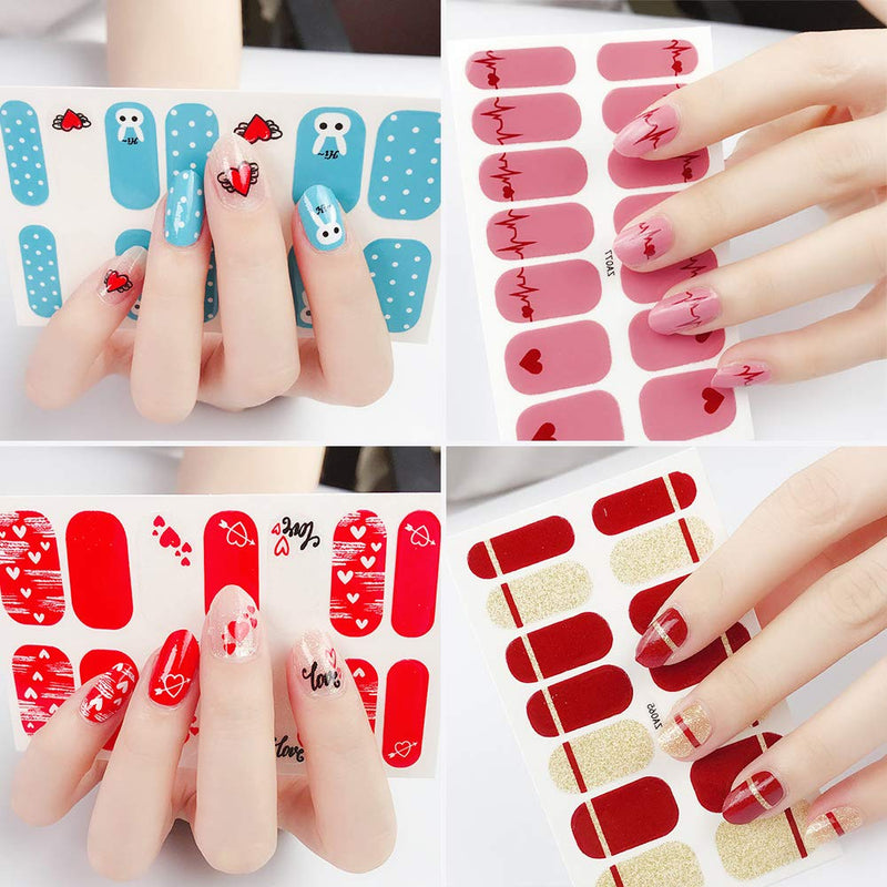 Valentine Nail Polish Strips, 14 Sheets Valentine Nail Art Stickers Full Cover Valentine's Day Heart Nail Wraps Self-Adhesive Nail Stencil Decals for Nail Decoration with 2PCS Nail Files - BeesActive Australia