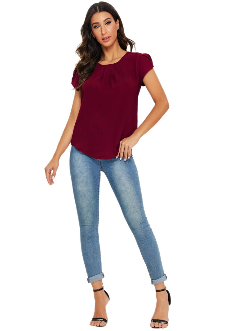 Milumia Women's Casual Round Neck Basic Pleated Top Cap Sleeve Curved Keyhole Back Blouse Large Burgundy - BeesActive Australia