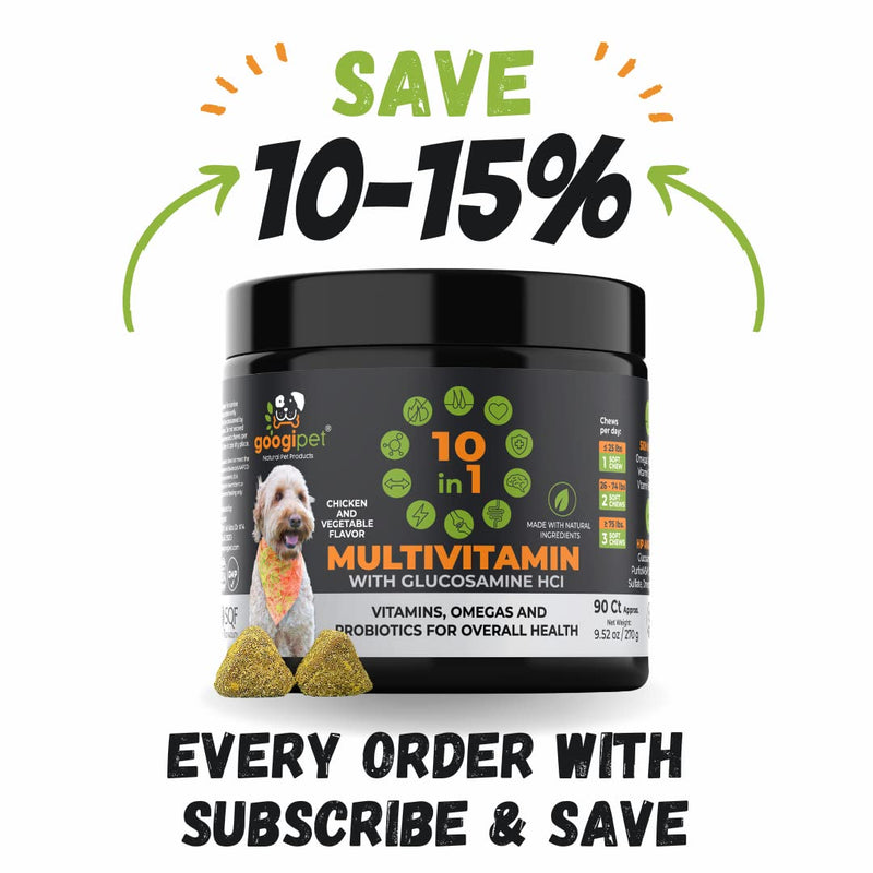 Googipet 10 in 1 Dog Multivitamin with Dog Probiotics for Dogs Gut Health, Dog Vitamins with MSM & Glucosamine for Dogs Hip & Joint Support - Chondroitin & Omega 3 for Skin & Coat - Allergy Support Chicken & Vegetable - BeesActive Australia