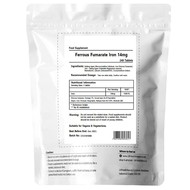 Ferrous Fumarate Iron Tablets 14mg x 240 Blood Cells Energy Anaemia Tiredness Pregnancy High Strength General Health & Well Being Supplement Vegan - BeesActive Australia