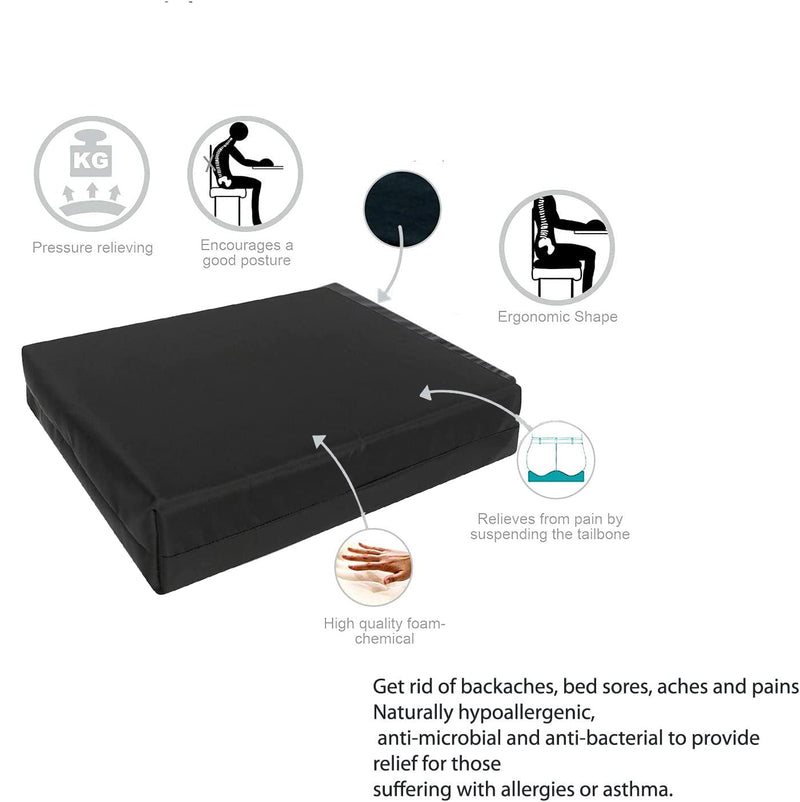 Brillars® Wheelchair Cushion Foam Ergonomic Posture Seat Pads Comfort Car Hip, Tailbone Support Pressure Sore Relief Office Chairs, Car Seats Vinyl Wipeable Black Cover (18" x 16" x 4") 18" x 16" x 4" - BeesActive Australia