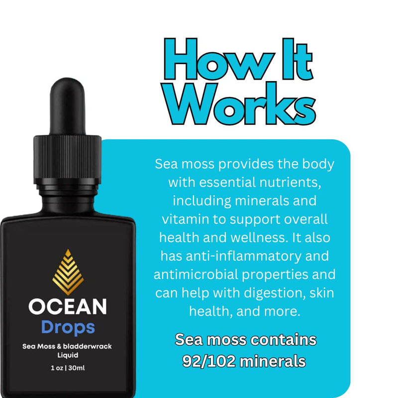 Ocean Drops | Four Times More Powerful Than Gel | 2000mg Sea Moss & 450mg Bladderwrack Per 1ml | 30ml Organic Irish Sea Moss & Bladderwrack | High Potency, Vegan, Non GMO and All Natural - BeesActive Australia