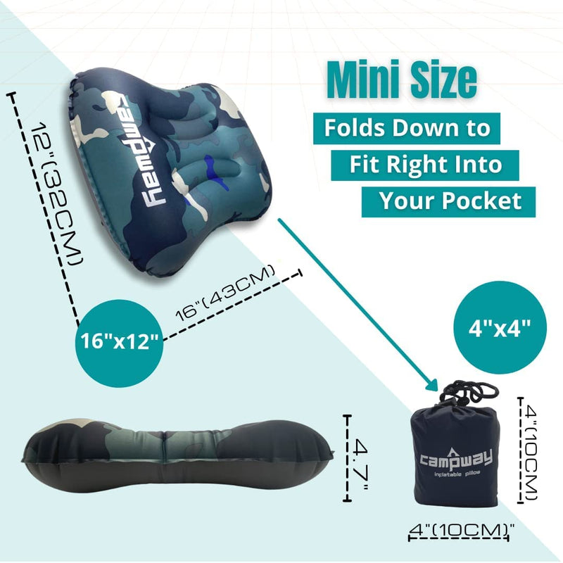 CAMPWAY Ultralight Inflatable Camping and Travel Pillow - Compact, Compressible Air Pillow for Neck and Back Support - Pillow for Camping, Hiking and Backpacking Camouflage 1 - BeesActive Australia