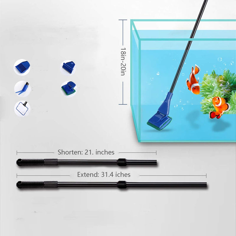 JZMYXA Aquarium Cleaning Tools Kit 5 in 1 Function for Long Deep Fish Tank, Adjustable Length Rod, Including Algae Scrape, Cleaning Sponge, 3.9" Small Fishnet, Gravel Rake, Plant Fork - BeesActive Australia